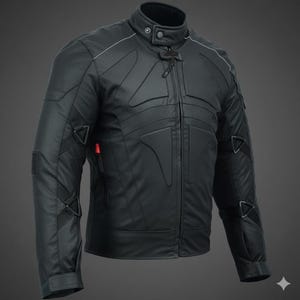 May include: Black motorcycle jacket with a stand-up collar, zipper closure, and reinforced panels. The jacket features a streamlined design with subtle white piping and red accents. It has a tailored fit and is made of a durable material.