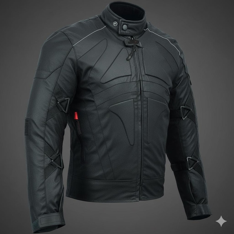May include: Black motorcycle jacket with a stand-up collar, zipper closure, and reinforced panels. The jacket features a streamlined design with subtle white piping and red accents. It has a tailored fit and is made of a durable material.