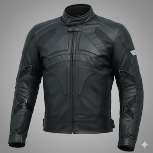 May include: A black leather motorcycle jacket with a stand-up collar and a front zipper. The jacket features reinforced panels on the shoulders and chest, along with adjustable straps on the sleeves. A small, silver logo is visible on the upper arm.
