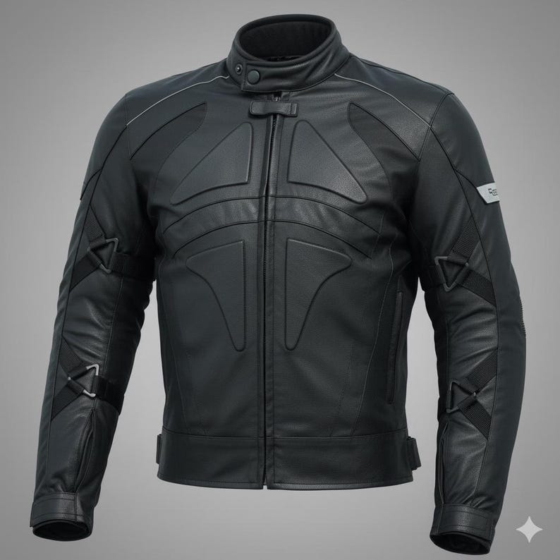 May include: A black leather motorcycle jacket with a stand-up collar and a front zipper. The jacket features reinforced panels on the shoulders and chest, along with adjustable straps on the sleeves. A small, silver logo is visible on the upper arm.