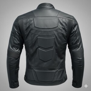 May include: Black leather jacket with a stand-up collar and quilted shoulder and elbow details. The back features a series of geometric panels and a streamlined design. The jacket has a sleek, modern aesthetic.