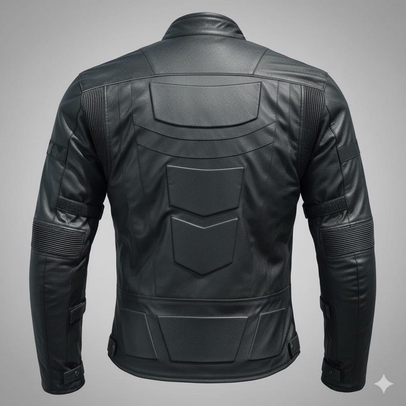 May include: Black leather jacket with a stand-up collar and quilted shoulder and elbow details. The back features a series of geometric panels and a streamlined design. The jacket has a sleek, modern aesthetic.