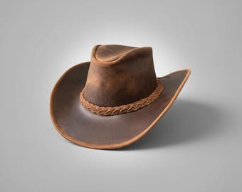 Handmade Brown Leather Cowboy Hat: Vintage Western Outback Style