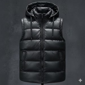 Könnte beinhalten: Schwarze Steppweste mit Kapuze. Die Weste hat einen durchgehenden Reißverschluss und zwei Seitentaschen. Die Kapuze hat Kordelzüge. Die Weste ist aus einem glatten, glänzenden Material gefertigt.