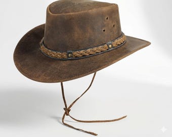 Leather Cowboy Hat for Men & Women – Vintage Brown Western Outback Hat with Chin Strap