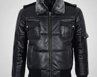 AERO Men Puffer Padded Bomber Leather Jacket with Fur Collar – Handmade Winter Coat