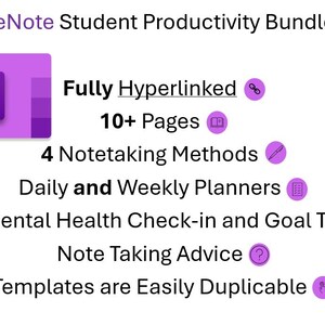 以下が含まれることがあります： OneNoteのロゴとテキストが表示された、学生向けのデジタルプロダクトバンドル。完全にハイパーリンクされたページ、4つのノート作成方法、デイリー＆ウィークリープランナー、メンタルヘルスのチェックイン、目標トラッカー、ノート作成のアドバイスが含まれています。