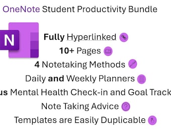 Könnte beinhalten: Ein digitales Produktpaket für Studenten, mit dem OneNote-Logo und Text. Enthält voll verlinkte Seiten, 4 Notizmethoden, Tages- und Wochenplaner, einen Check-in zur psychischen Gesundheit, einen Ziel-Tracker und Notiztipps.