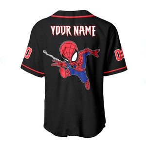 A black baseball jersey with a red and white design of Spider-Man.