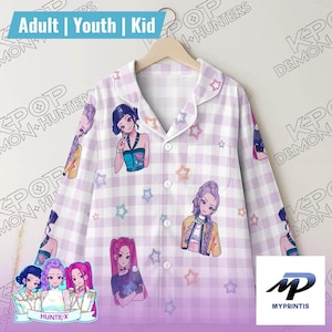 K-Pop Demon Hunters Kids Pajamas - Purple Gingham Anime Sleepwear Set - Huntrix Kpop Merch for Girls - Cute Manga Style PJs Fan Gift