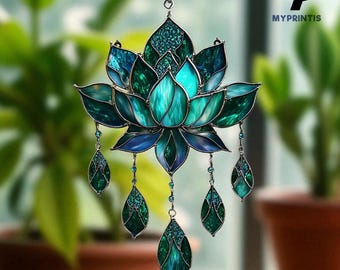 Green Lotus Acrylic Suncatcher – Faux Stained Glass Window Hanging with Dangling Teardrops, Yoga Meditation Zen Decor, Mindful Boho Gift