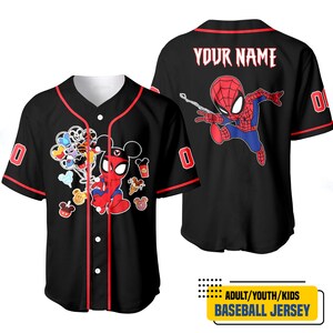 A black baseball jersey with a Spider-Man design and Mickey Mouse characters printed on it.