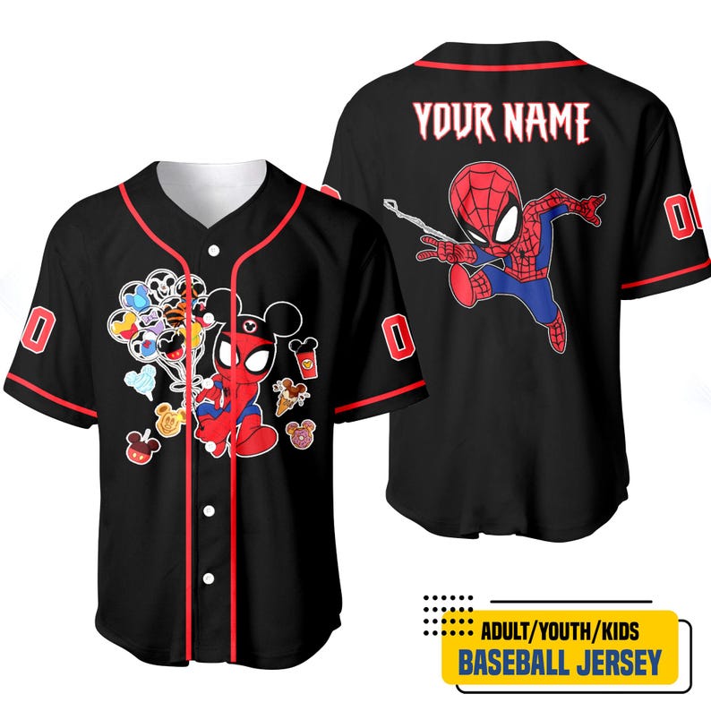 A black baseball jersey with a Spider-Man design and Mickey Mouse characters printed on it.
