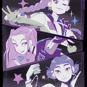 May include: Digital illustration featuring three stylized female figures in a comic book style. The artwork uses a palette of purple, lavender, and white against a black background. The text "HUNTRX" is at the top. Each figure has unique hairstyles and accessories.