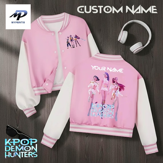 Huntrix Kpop Demon Hunters Baseball Jacket, Custom Name Pastel Bomber, Anime Girl Group Streetwear