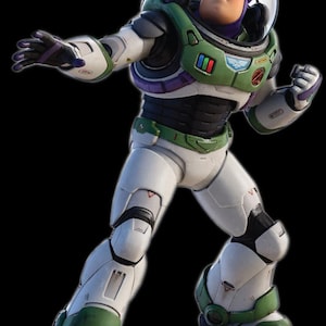 Op de afbeelding: Een afbeelding van Buzz Lightyear in een wit, groen en paars ruimtepak. Het ruimtepak heeft een heldere helm en een borstpaneel met knoppen. Buzz staat in een dynamische pose.