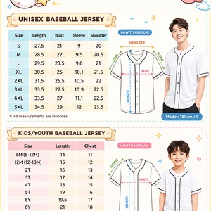 The image is a size chart for a unisex baseball jersey, providing measurements and corresponding sizes for different age groups, including children and youth.
