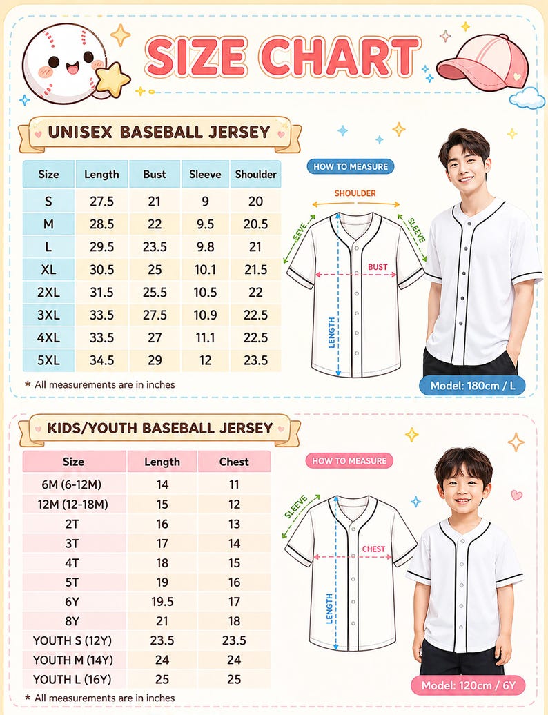 The image is a size chart for a unisex baseball jersey, providing measurements and corresponding sizes for different age groups, including children and youth.