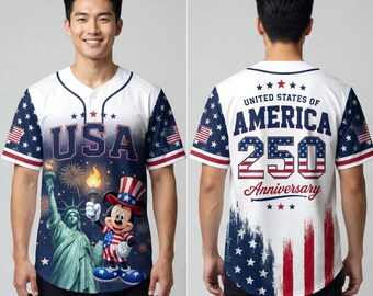 Personalized Mickey Mouse USA 250 Anniversary Baseball Jersey, Disney Patriotic Shirt, America 250 Celebration Jersey, Fourth of July Outfit