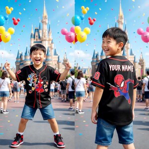 A young boy wearing a Spiderman jersey with the name "YOUR NAME" printed on the back, standing in front of a Disney castle with colorful balloons in the background.