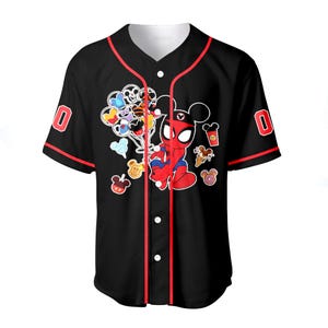 A black baseball jersey with a red stripe, featuring a cartoon character resembling Spider-Man. The jersey has various Disney-themed stickers and characters on it, including Mickey Mouse, Goofy, and other iconic Disney characters.