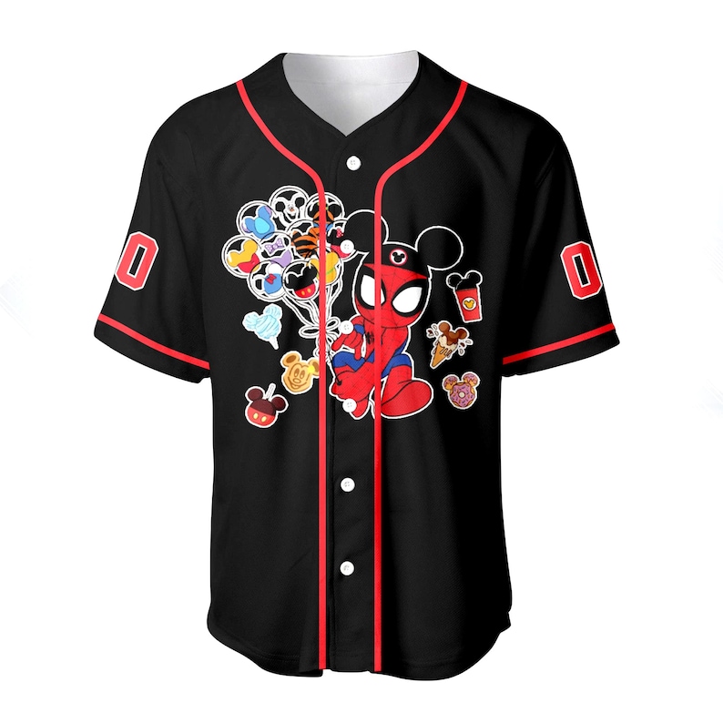 A black baseball jersey with a red stripe, featuring a cartoon character resembling Spider-Man. The jersey has various Disney-themed stickers and characters on it, including Mickey Mouse, Goofy, and other iconic Disney characters.