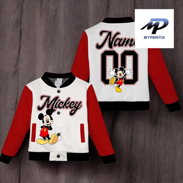 Custom Name and Number Mickey Mouse Varsity Jacket - Personalized Disney Kids Baseball Coat - Mickey Mouse Birthday Gift for Boys