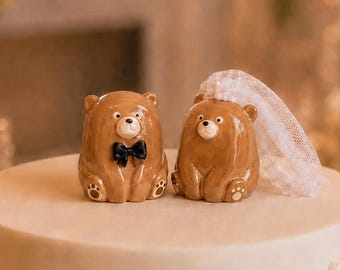 Ręcznie robiony ceramiczny miś na tort weselny, figurki panny młodej i pana młodego, pamiątka rocznicowa