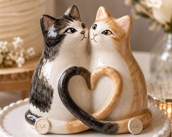 Custom Cat Wedding Cake Topper, Bride Groom Heart Tail Anniversary Keepsake Gift