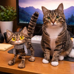 May include: A real tabby cat sits beside a cat figurine. The cat has brown and black stripes, green eyes, and white paws. The figurine has large yellow eyes and wears a grey and white scarf. Both cats are on a wooden desk.