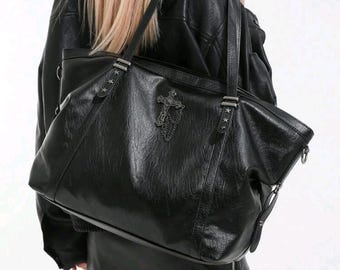 Borsa tote alla moda in similpelle nera di grande capacità