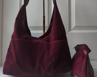 Trendy faux suede Burgundy hobo bag