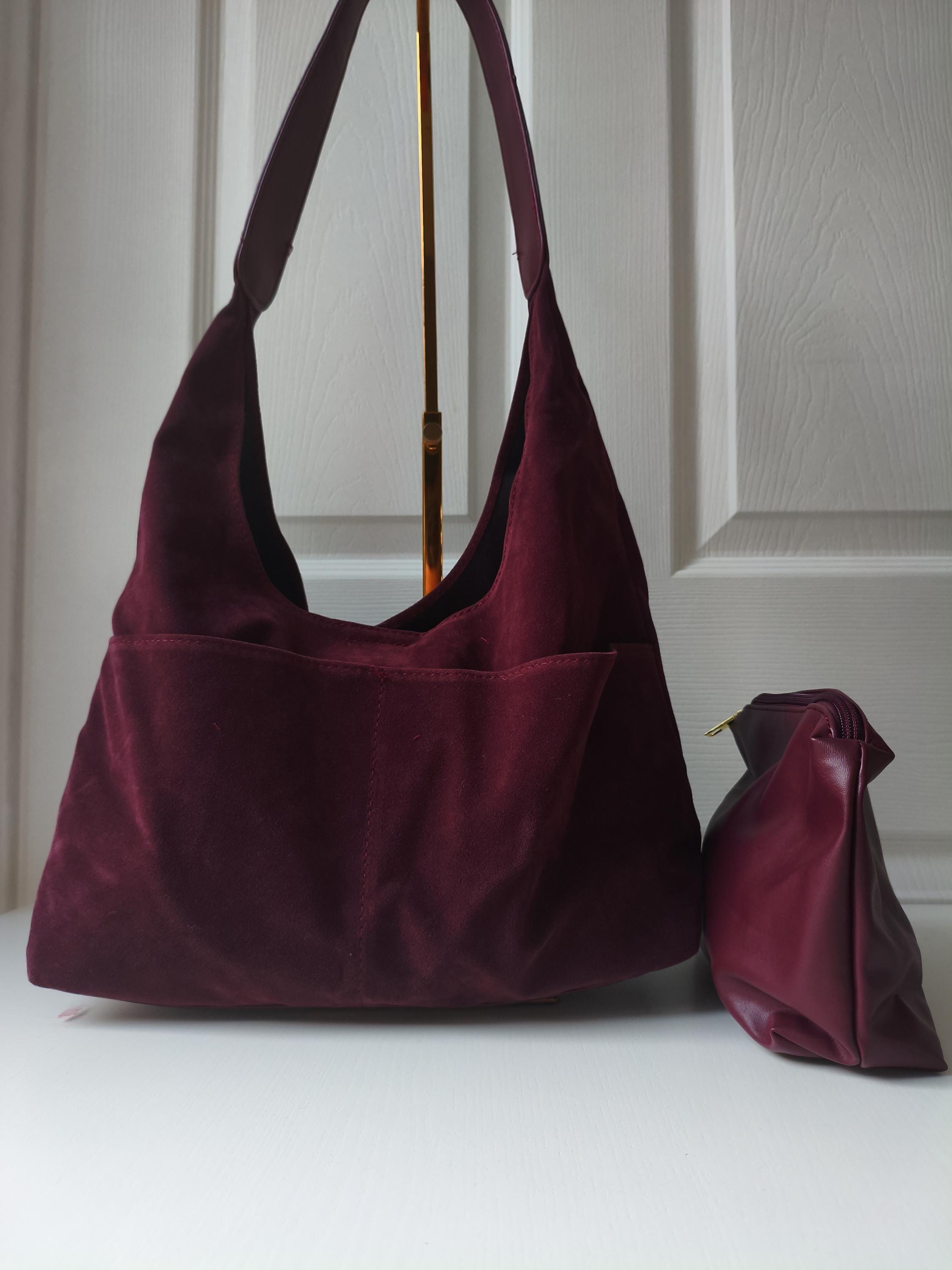 Trendy faux suede Burgundy hobo bag