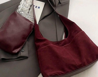 Trendy faux suede Burgundy hobo bag
