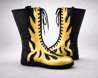 Custom Wrestling Boots Black Gold Flame – Pro Wrestling Boots – Handmade Knee High Leather Boots – Mens Womens Wrestling Gear Boots
