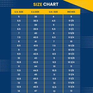 May include: A shoe size chart with columns for U.S., European, and U.K. sizes, along with corresponding measurements in inches. The chart is on a yellow and blue background, with the words "SIZE CHART" at the top.