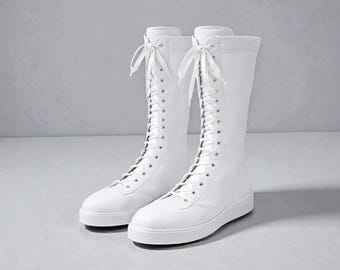 Botas de lucha blancas hechas a mano: calzado deportivo de combate de 35 cm de altura.
