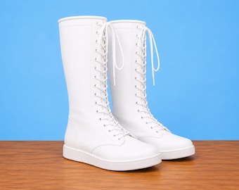 Pro Wrestling Boots ,White Genuine Leather High Top Lace Up Ring Shoes, Handmade Custom Boxing Footwear for Men Women