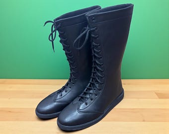 Pro Wrestling Boots | Handmade Black Leather Wrestling Shoes | Custom Tall Lace Up Boots for Men | Professional Wrestling Footwear