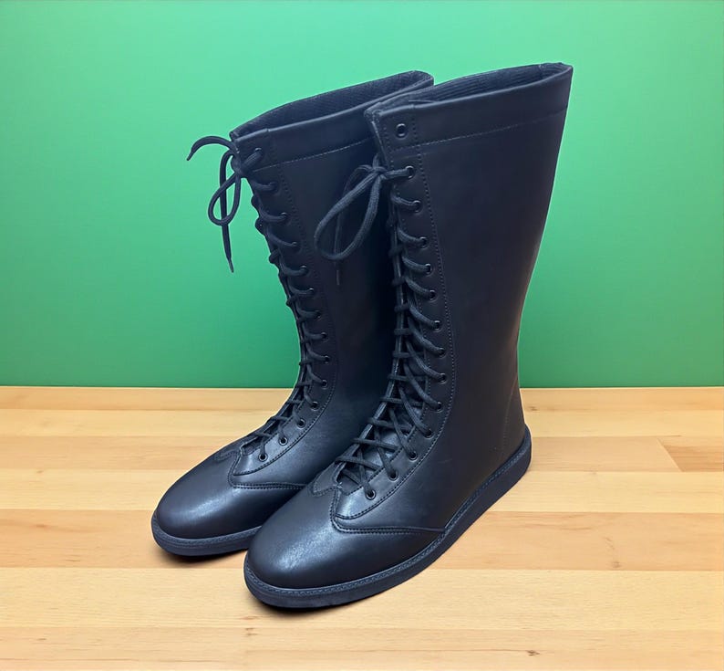 Pro Wrestling Boots | Handmade Black Leather Wrestling Shoes | Custom Tall Lace Up Boots for Men | Professional Wrestling Footwear