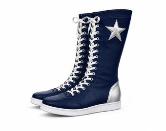 Professionele worstelschoenen – Marineblauwe leren hoge ringschoenen | Handgemaakte Silver Star veterschoenen voor mannen en vrouwen