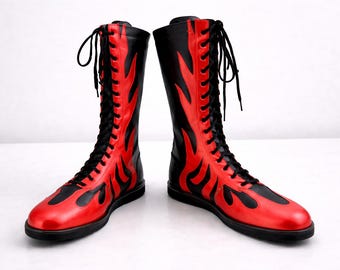 Custom Handmade Wrestling Boots Black Red Flame | Pro Wrestling Shoes Men & Women
