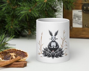 Meditating Hare white glossy mug