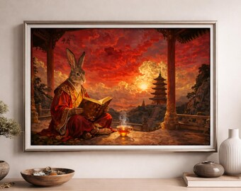 Red Reading Rabbit - Whimsical Bunny Illustration | Cottagecore Woodland Animal Printable Wall Art | Digital Download