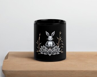 Meditating Hare Black Glossy Mug