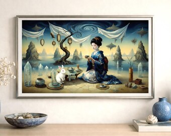 Surreal Teatime Blue - Whimsical Bunny Illustration | Cottagecore Woodland Animal Printable Wall Art | Digital Download