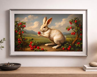 Raspberry Rabbit – Whimsical Bunny Illustration | Cottagecore Woodland Animal Printable Wall Art | Digital Download