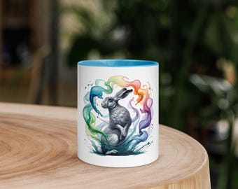Dancing Hare mug with color inside Rainbow veil dance