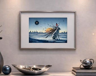 Surreal Sci-Fi Hare - Whimsical Bunny Illustration | SciFi-Core Woodland Animal Printable Wall Art | Digital Download