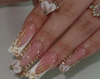 Luxe Gold Press On Nails | White French Tip Nails | 3D Bow Rhinestone Luxury Nails | Handmade Long Square Press Ons | Glam Nail Art